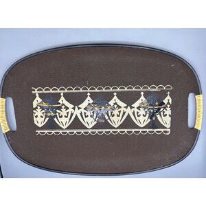 Vtg MCM Oval Brown Serving Tray Woven Handles Hand Painted